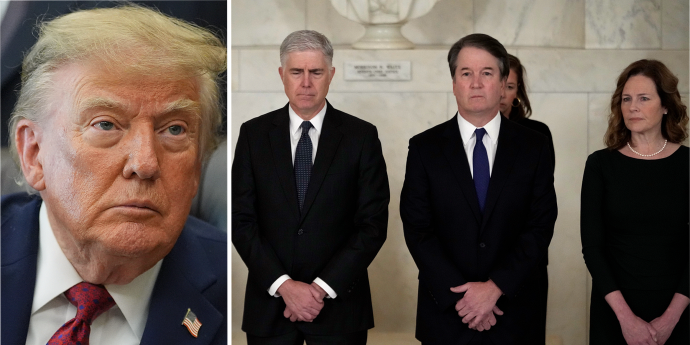 Arkivbilder av Trump respektive de tre HD-domarna Neil Gorsuch, Brett Kavanaugh och Amy Coney Barrett.