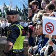 Nazistiska Nordiska motståndsrörelsen första maj-demonstrerar i Falun. Motdemonstranter.