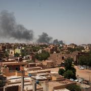 Smoke is seen in Khartoum, Sudan, Saturday, April 22, 2023. The fighting in the capital between the Sudanese Army and Rapid Support Forces resumed after an internationally brokered cease-fire failed. (AP Photo/Marwan Ali)  DV114