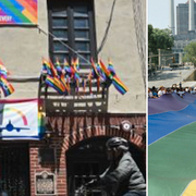 Baren Stonewall Inn i New York. På 25 årsdagen av räderna mot baren drogs en nästan 2 km lång Pride-flagga genom New York. 