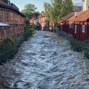 Höga vattenflöden i centrala Västerås efter översvämning.