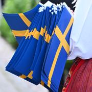 Fanbärare i folkdräkt med svenska flaggan under ett nationaldagsfirande på Skansen i Stockholm. 