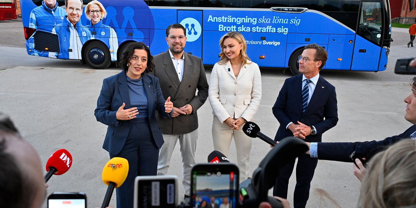 Simon Mohamsson (L), Jimmie Åkesson (SD), Ebba Busch (KD) och Ulf Kristersson (M) under valrörelsen, 11 september.