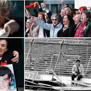 Bilder från utanför domstolen på tisdagen. Nere till höger: En man vid läktaren på Hillsborough, 5 april 1989.