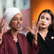 Demokratpolitikerna Ilhan Omar och Alexandria Ocasio-Cortez/demonstration i Gaza.