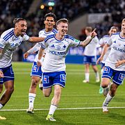 IFK Norrköpings Ryan Nelson jublar med Moutaz Neffati, Noel Sernelius och Ture Sandberg efter att han gjort 1-0 under fotbollsmatchen i Superettan mellan IFK Norrköping och GIF Sundsvall den 13 oktober 2026 i Norrköping.