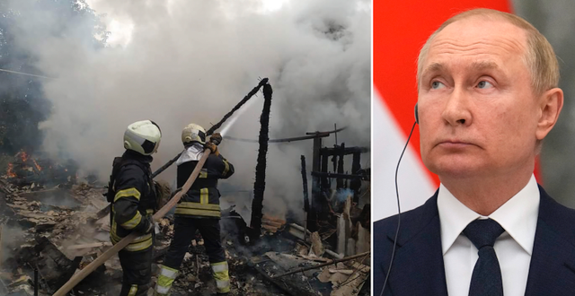 Lysytjansk i brand på söndagen/Vladimir Putin. TT