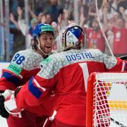 David Pastrnak jublar efter kvartsfinalen mot USA.