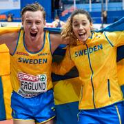 Kalle Berglund jublar tillsammans med Angelica Bengtsson efter sitt silver.