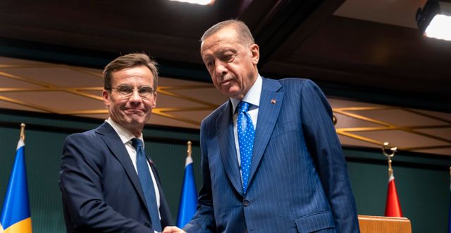 Sveriges statsminister Ulf Kristersson (M) och Turkiets president Recep Tayyip Erdogan. Henrik Montgomery/TT