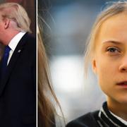 Till vänster: Steve Mnuchin och Donald Trump. Till höger: Klimataktivisten Greta Thunberg. 