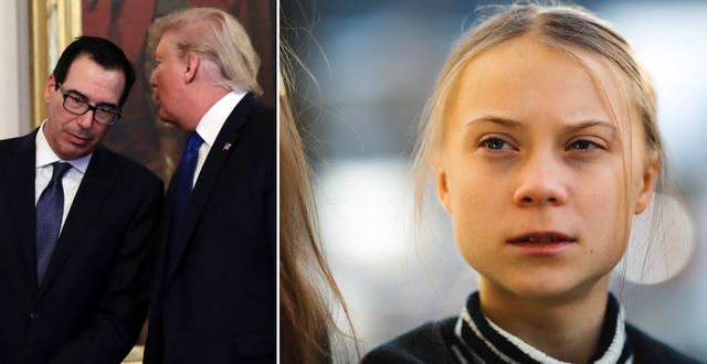 Till vänster: Steve Mnuchin och Donald Trump. Till höger: Klimataktivisten Greta Thunberg.  TT