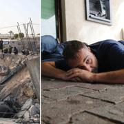 Till vänster: Ett hus som förstördes i de israeliska räderna mot Gaza. Till höger:  Israeler söker skydd söker skydd i Ashkelon under raketattacker från Gaza. 