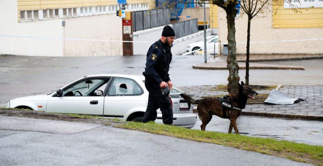 Poliser undersöker mordplatsen i Lövgärdets centrum i Angered, där en man skjutits till döds av två maskerade män inför flera vittnen. Adam Ihse/TT / TT NYHETSBYRÅN
