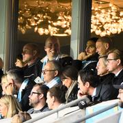 Zlatan Ibrahimovic på läktaren under söndagens fotbollsmatch i allsvenskan mellan Malmö FF och BK Häcken på Swedbank Stadion.