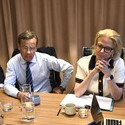 Justitieminister Gunnar Strömmer (M), statsminister Ulf Kristersson (M), och finansminister Elisabeth Svantesson (M)