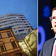 Kulturhuset Väven i bakgrunden, Jimmie Åkesson.