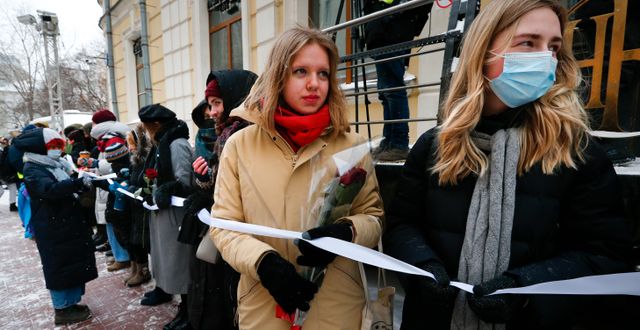 Protester väntas i många ryska städer under onsdagen. Här en tidigare demonstration i Moskva den 14 februari.  Alexander Zemlianichenko / TT NYHETSBYRÅN