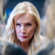 Gunilla Persson efter deltävling 3 av Melodifestivalen 2024 i Vida Arena i Växjö. 