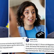 Till vänster: Arbetsmarknadsminister Johan Britz (L) under en pressträff på onsdagen. I mitten: Liberalernas partiledare Simona Mohamsson i riksdagen i tisdags. Till höger: Bistånds- och utrikeshandelsminister Benjamin Dousa under en pressträff i april.