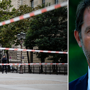 Avspärrningar utanför brottsplatsen/Christophe Castaner.