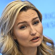 Ebba Busch på onsdagens pressträff.