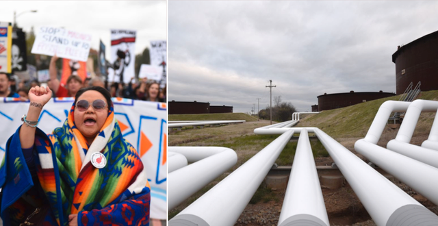 Protest mot byggandet av oljeledningar i Kalifornien 2017 och Enbridges rör.  TT/AP