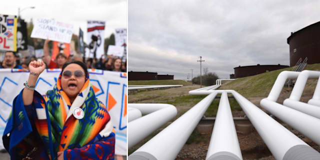 Protest mot byggandet av oljeledningar i Kalifornien 2017 och Enbridges rör.  TT/AP