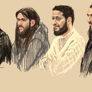 Domstolssketch visar de åtalade Mohamed Abrini, Osama Krayem, Salah Abdeslam och Sofiane Ayari. 
