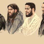 Domstolssketch visar de åtalade Mohamed Abrini, Osama Krayem, Salah Abdeslam och Sofiane Ayari. 