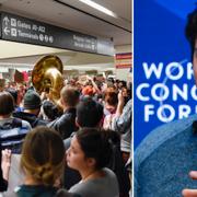 Till höger: Protesterna på San Franciscos internationella flygplats. Till höger: Sergey Brin talar under World Economic Forum tidigare i år.