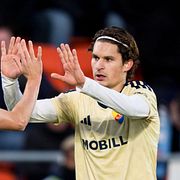 Djurgårdens Oskar Fallenius och Nino Zugelj jublar efter 2-0-målet