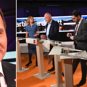 Stefan Löfven under debatten/Ulf Kristersson intill Jimmie Åkesson, Jonas Sjöstedt och Ebba Busch Thor.
