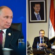 Vladimir Putin. Martin Kinnunen och Markus Wiechel när de sitter vid ett möte under ett porträtt av president Bashar al-Assad.