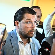 Sverigedemokraternas partiledare Jimmie Åkesson (SD) i kammarfoajén under partiledardebatten i Riksdagen.