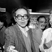 Jean-Luc Godard (t.v) tillsammans med den israeliske producenten Menahem Golan (t.h).