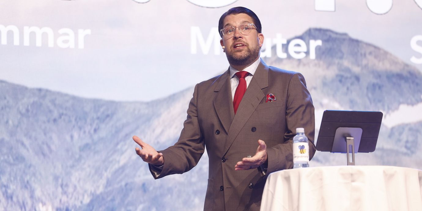 SD:s partiledare Jimmie Åkesson under sitt tal på partiets valkickoff.