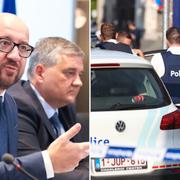 Charles Michel / poliser utanför polisstationen i Charleroi