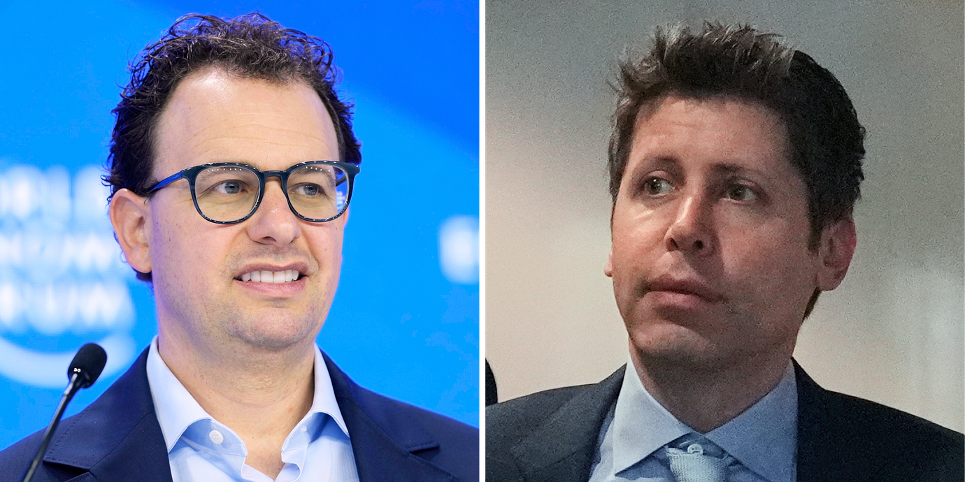 Anthropic-grundaren Dario Amodei och Open AI-grundaren Sam Altman. Arkivbilder.