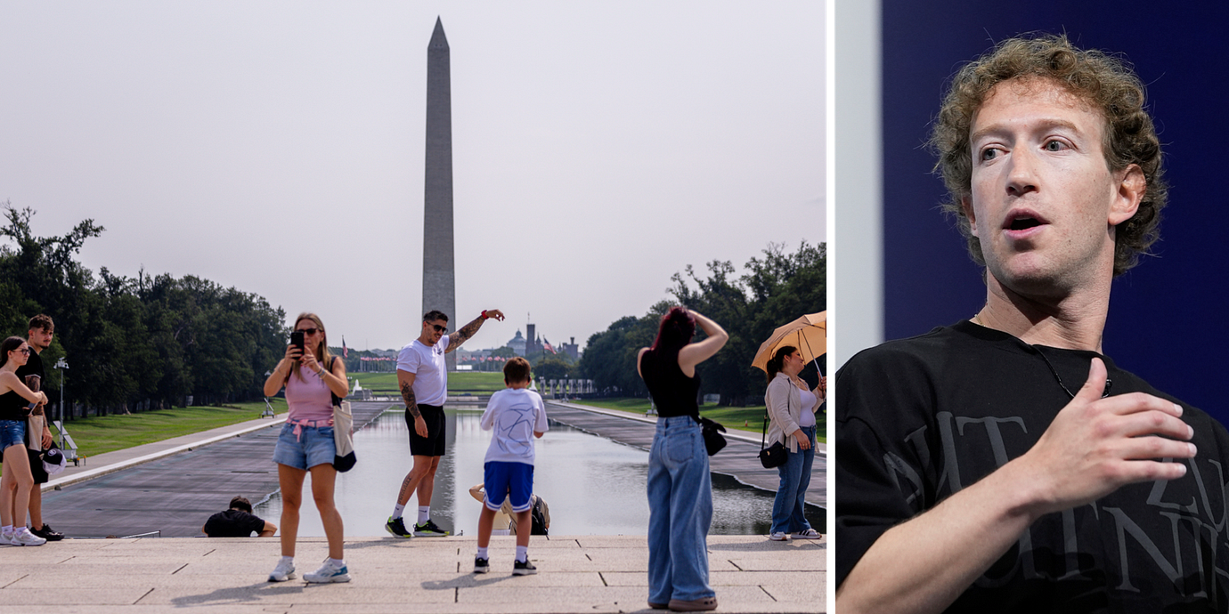 Turister som interagerar med sina telefoner vid Lincoln Memorial i Washington/Metas vd Mark Zuckerberg.