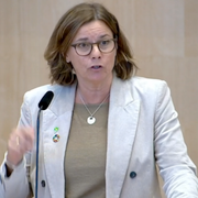 Johan Pehrson och Isabella Lövin under dagens partiledardebatt.