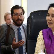 Perus FN-ambassadör Gustavo Meza-Cuadra, som leder delegationen (t.v.)/Burmas ledare Aung San Suu Kyi. 