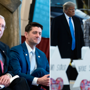 Till vänster: Pelosi, McConnell och Ryan. Till höger: Donald och Melania Trump under besöket i Pittsburgh.