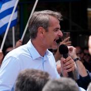 Mitsotakis under ett kampanjmöte i veckan.