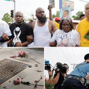 Överst: Michael Brown Sr längst fram i demonstrationen. Nere t.v: Minnessten för Michael Brown, nere t.h: Trafikpolis får en kram av en demonstrant