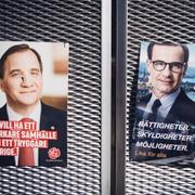 Valaffischer med bild på socialdemokraternas Stefan Löfven och moderaternas Ulf Kristersson. 