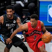 Toronto Raptors Kyle Lowry  till vänster och Brooklyn Nets Kyrie Irving till höger. 