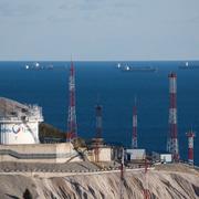 FILE - Oil tankers are seen at the Sheskharis complex, part of Chernomortransneft JSC, a subsidiary of Transneft PJSC, in Novorossiysk, one of the largest facilities for oil and petroleum products in southern Russia, on Oct. 11, 2022.