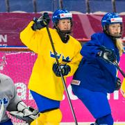 Kim Martin Hasson, Johanna Olofsson, Erika grahm och Anna Borgqvist under damkronornas träning på Malmö Isstadion under måndagen