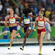 Målgången i damernas final i 400 meter häck i OS i Rio de Janeiro 2016.